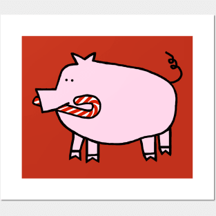 Cute Christmas Pig with Candy Cane in Mouth Posters and Art